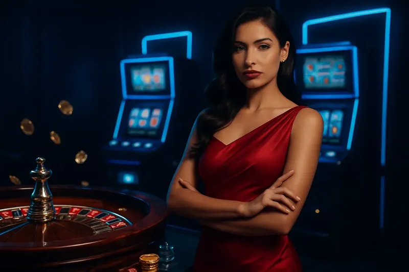 Beautiful woman in red dress posing confidently near roulette and slot machines in a luxury Bangladesh casino with neon lights and gold coins