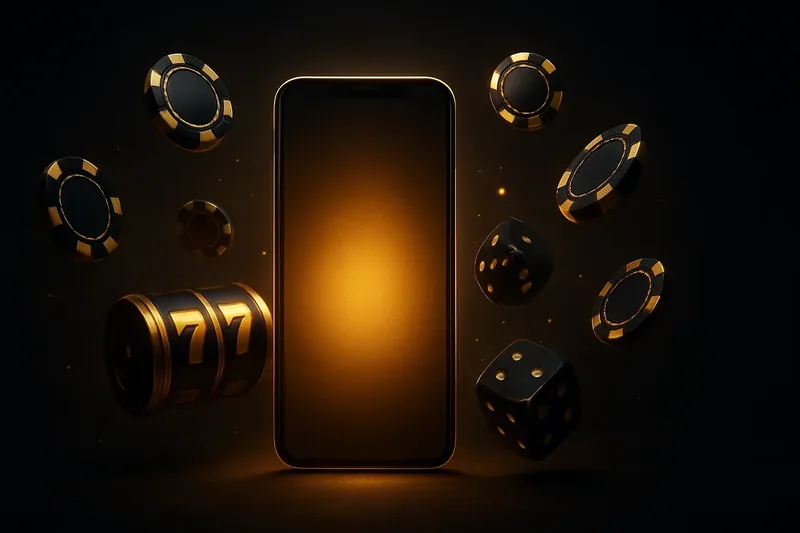 Panoramic banner with glowing smartphone, casino chips, slot reels, dice, and gold accents on dark background